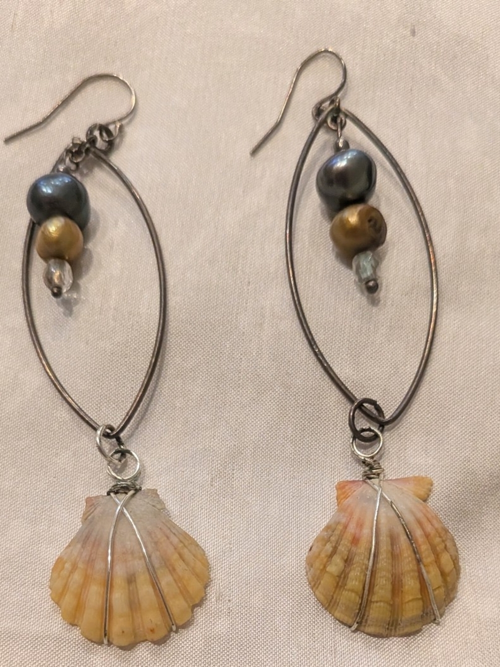 Handcrafted Hawaiian Sunrise Shell & Pearl Drop Earrings - Yellow and Gray
